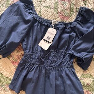 Casual Blue Cold Shoulder Puff Sleeve Blouse